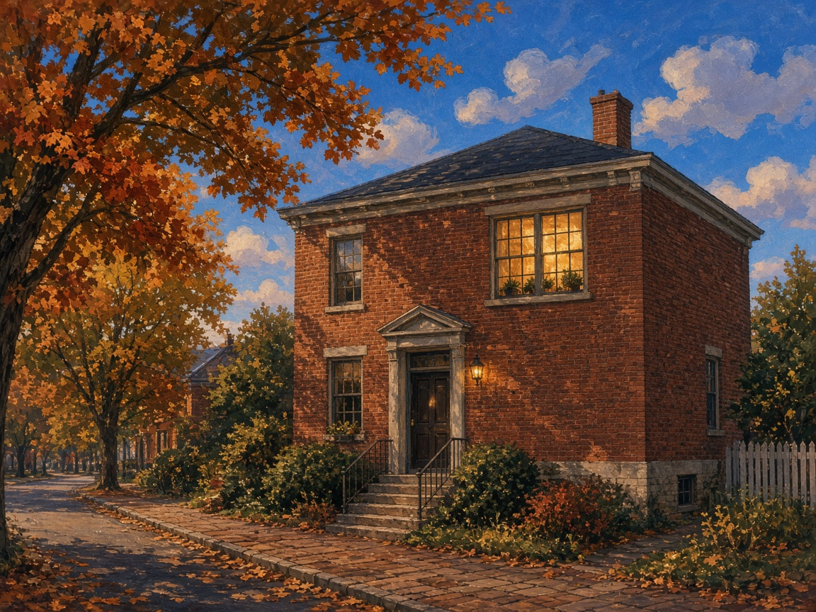 Illustrated late-afternoon brick street outside a small office