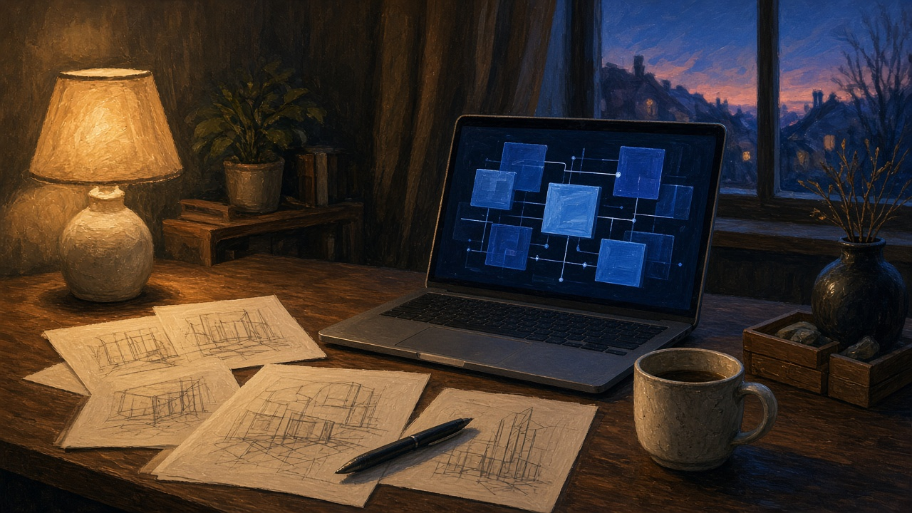 Illustrated studio desk with cobalt system diagrams